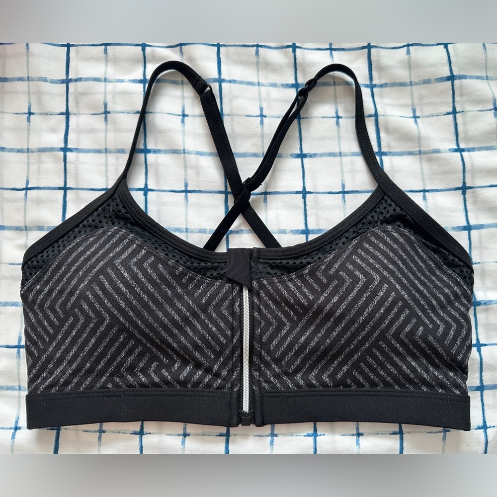 Lorna Jane Front Zip Grey Black Hash Pattern Cross Back Mesh Sports Bra Small